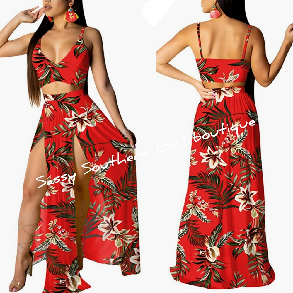 🆕⭐ Red tropical Crop top maxi skirt set